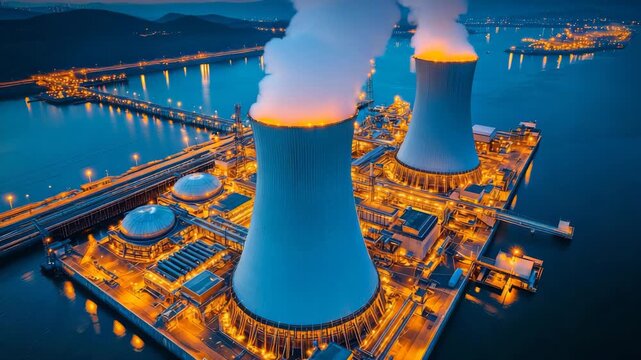 Power plant at night with illuminated cooling towers and steam rising over the water