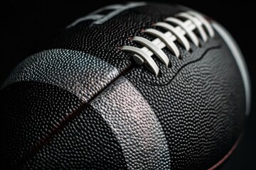 Close-up of a dark-colored American football with white laces and subtle gray markings against a stark black background, showcasing its textured leather surface