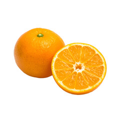 Fresh orange fruit and a half showing the pulp on a transparent background