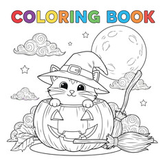 Cute Cat in Pumpkin Costume for Halloween Coloring Page
