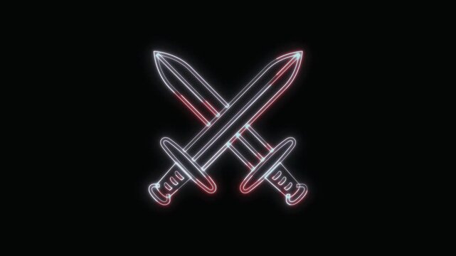  Crossed Swords Icon Neon Seamless Loop 4K with Black Background Animated Promotional Typography for Video Editing