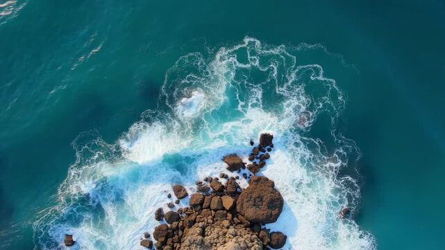 aerial top view of waves break on rocks in a blue ocean. sea waves on beautiful beach aerial view drone. bird's eye view of ocean waves crashing against an empty stone rock cliff from above