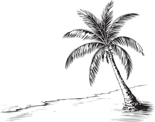 Obraz premium palm trees on the beach engraving outline vector art illustration design, palm tree silhouette, hand drawn beach drawing, line art palm tree, sea, beach, summer view, vintage palm tree on sea beach.