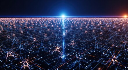 Interconnected neural network grid; light trails toward vanishing point