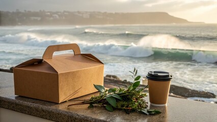Naklejka premium Takeaway food box and coffee cup by the ocean with crashing waves