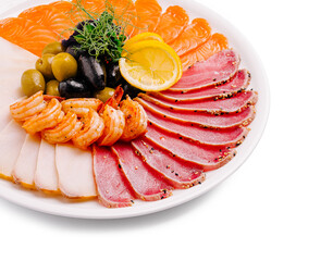 Elegant seafood platter showcasing fresh fish and shrimp on a white plate