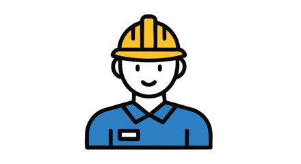Illustrated construction worker with cheerful expression wearing yellow hard hat and blue work uniform, flat design style vector art