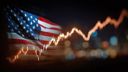 American Economy: Depicting the financial market trends in the United States with the iconic flag overlaying a stock market chart, symbolizing economic forces.