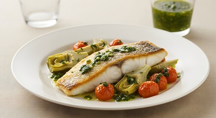 Cooked White Fish Fillet with Cherry Tomatoes and Artichoke on Plate