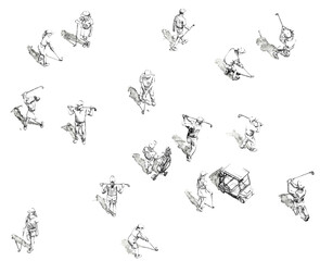 Pattern, ornament made of illustrations of golfers on the field top view, graphic, hand drawn ink sketches with black line, golf cart buggy, clubs, players. High quality photo