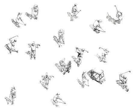 Pattern, ornament made of illustrations of golfers on the field top view, graphic, hand drawn ink sketches with black line, golf cart buggy, clubs, players. High quality photo