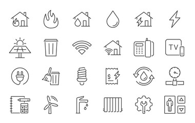 Public utilities web icons in line style. Rent receipt, electricity, water, gas, garage, heating, collection. Vector illustration.