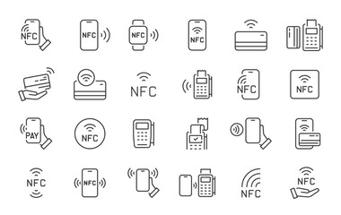 Nfc web icons in line style. Wireless payment, contactless, card, pay, nfc technology, collection. Vector illustration.