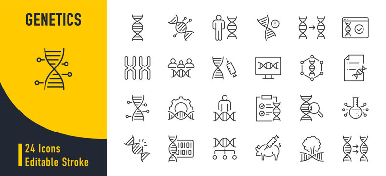Genetics web icons in line style editable stroke. Chromosome, DNA, experiments, genome, genetic, biology, collection. Vector illustration.