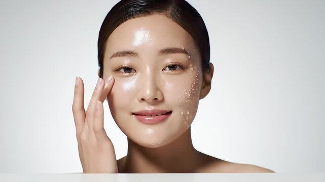 Radiant Asian Woman Exfoliating Face with Gentle Facial Scrub for a Healthy Complexion Against a Clean White Background in Studio Lighting for Beauty and Cosmetic Promotion Ads