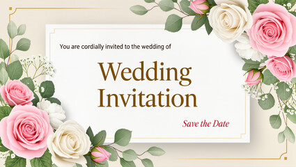 Elegant wedding invitation card design with pink and white roses, green leaves and classic golden frame, perfect for formal event announcements