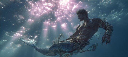 Photorealistic Muscular Merman with Metallic Tail Floating Underwater Near Surface, Touching Light Patterns, Surrounded by Sunrays and Glowing Particles, Right-Side Composition, Elegant Mood