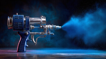A metal paint sprayer with a blue handle and shiny metal components emitting blue powder in a studio setting on a reflective surface, lit by blue and red lights.