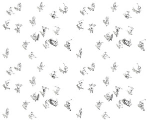 Pattern, ornament made of illustrations of golfers on the field top view, graphic, hand drawn ink sketches with black line, golf cart buggy, clubs, players. High quality photo