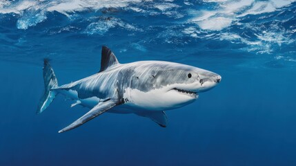 Naklejka premium Majestic Shark Swimming Gracefully in Clear Ocean Waters