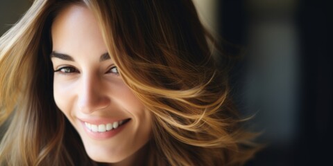 Obraz premium Beautiful laughing model girl with long curly hair. Studio shot. Beauty saloon. Selective focus. Generative AI.