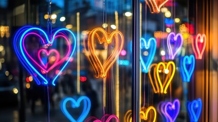 Neon Heart Lights Display in City Night with Colorful Glow