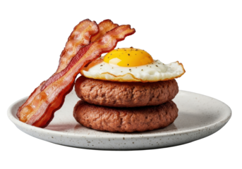 Stacked browned sausage patties, fried egg with runny yolk, crispy bacon on speckled ceramic plate, isolated on seamless transparent studio background. High-resolution breakfast food photography