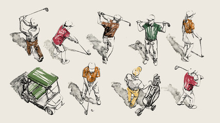 Set of illustrations, golfers on the field top view, graphic, hand drawn ink sketches in pastel colors, golf cart buggy, clubs, players. High quality photo