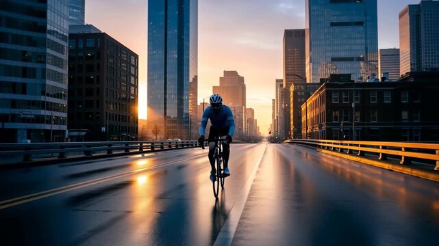 Cyclist riding bicycle on city street at sunrise. Person rides bike through urban landscape at dawn. Dynamic action shot of cyclist for sports video production. - Powered by Adobe
