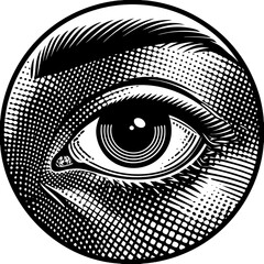 Minimilist close up of a stylized eye with halftone and crosshatch shading in a circular frame design element vector