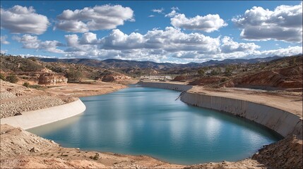 Reservoir nestled in arid landscape under a bright sky with fluffy clouds. Still body of water reflects sky amidst desert hills, enhancing the serene scene.