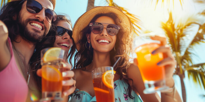 Party of happy young people with cocktails. Friends having fun on the beach. Generative AI.