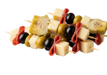 Gourmet antipasto skewers with artichoke hearts, black/green olives, salami, provolone on a white platter against transparent, soft studio lighting, creamy bokeh. Concept of gourmet food and appetizer