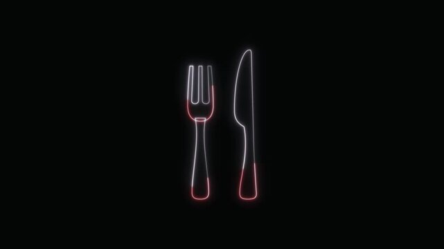  Fork and Knife Icon Neon Seamless Loop 4K with Black Background Animated Promotional Typography for Video Editing