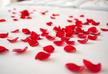 Crimson rose petals scattered artfully on a pristine white hotel bed, intimacy, floral