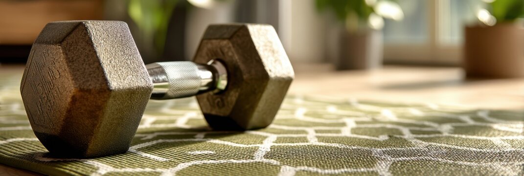 A close-up of a dumbbell resting on a patterned exercise mat, surrounded by plants and natural light, emphasizing fitness and home workout environment.