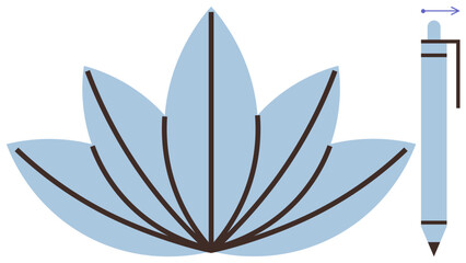 Blue lotus flower with black line detail alongside a pen symbolizing creativity, inspiration, balance, mindfulness. Ideal for art, writing, meditation, wellness, productivity growth simple flat