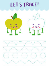 Dot to dot handwriting practice game for kids. Trace page with cute apple.