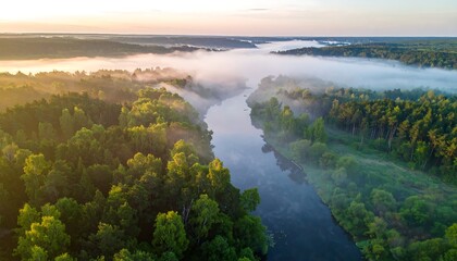Fototapeta premium Mist blankets river valley