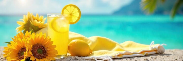 A vibrant summer campaign image featuring refreshing lemonade, bright sunflowers, and a beach towel, suggesting relaxation and summer fun , refreshing, campaign
