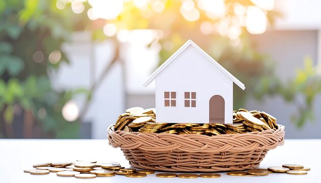 Miniature white house atop a nest of gold coins in a light brown wicker basket