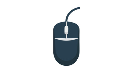 Illustration of a standard dark blue wired computer mouse used for computer navigation and point-and-click interaction on a white backdrop