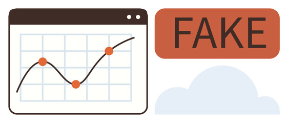 Data graph with upward trend, orange dots, overlay warning reading FAKE, and cloud icon. Ideal for misinformation, fraud detection, fake news, data manipulation, analytics integrity online scams