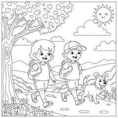 Kids Hiking Coloring Page