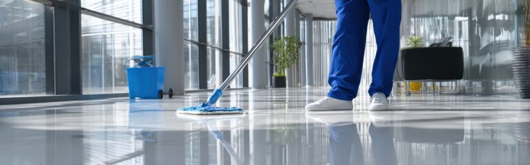 Cleaning professional maintains a polished floor in a modern office environment during daytime hours