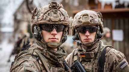 Fototapeta premium Two soldiers in camouflage uniforms and helmets stand guard. Equipped for combat, they embody readiness and strength. Outdoor, focused, determined.