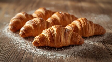 Freshly baked croissants sprinkled with icing sugar on rustic wooden table