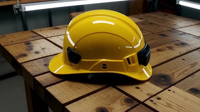 Bright yellow hard hat rests on a rustic wooden table, symbolizing construction and safety preparedness.