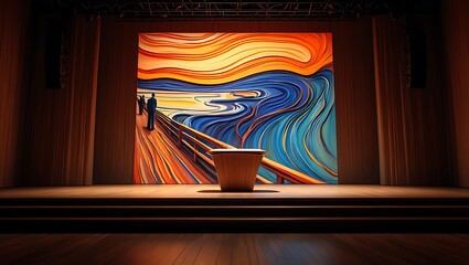 Iconic scream painting displayed on a theater stage