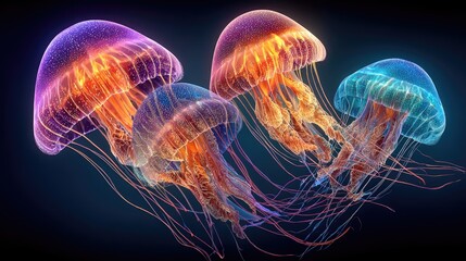 Naklejka premium Glowing jellyfish, vibrant colors, dark background